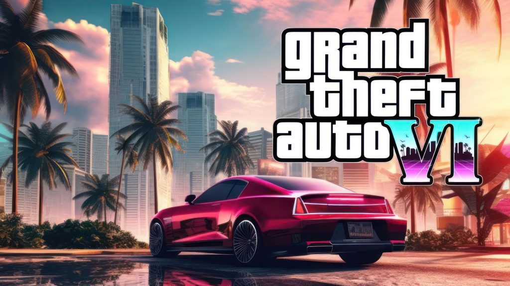 GTA 6 veut atteindre la perfection créative - image Image d'illustration de GTA 6 montrant une voiture aux allures futuristiques et un paysage de Floride aux couleurs retrowave