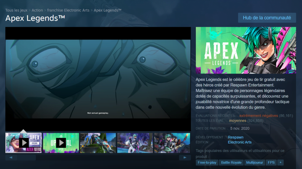 Apex Legends revient sur son Battle Pass suite aux critiques - image Screenshot de la page Steam de Apex Legends montrant plus de 86 000 reviews extrêmement négatives (réalisé le 30 juillet 2024)