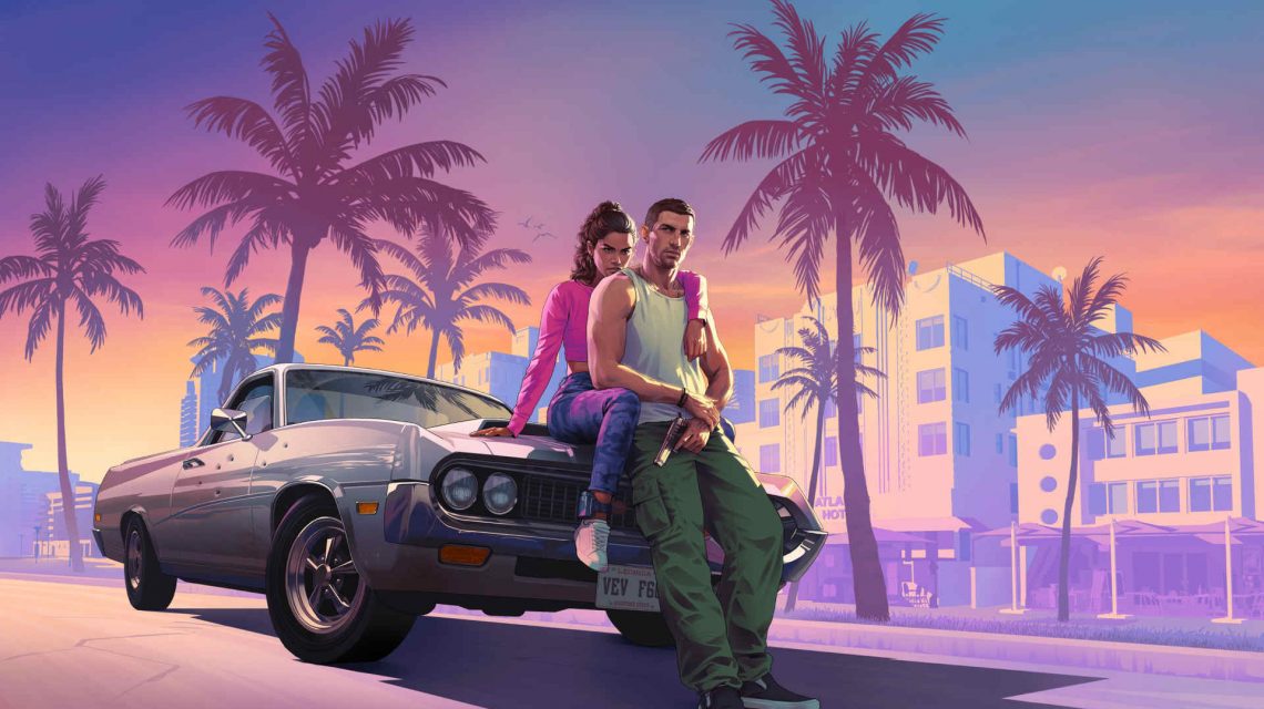 Artwork du premier trailer de GTA 6 montrant un homme adossé au capot d'une voiture accompagné d'une femme assise derrière lui, sur le capot.