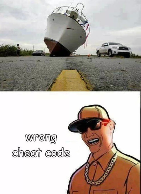 Liste Codes de Triche GTA 6 : Guide Complet pour PS5, Xbox et PC - image meme sur les cheat codes utilisés sur GTA, on peut voir un bateau échoué sur une route et la mention "Oups, mauvaise code"