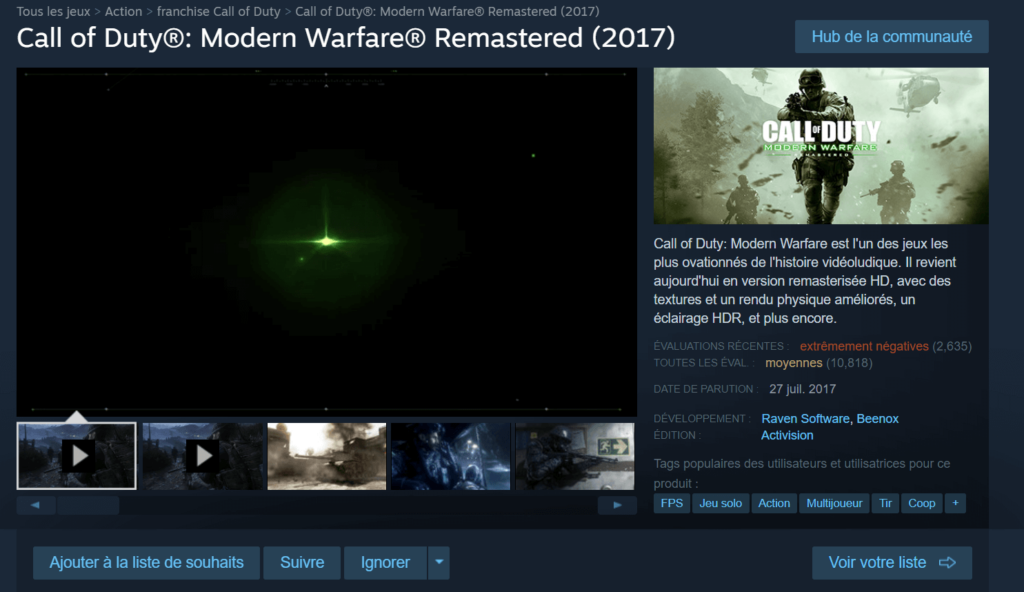 Annulation du Mod H2M : Steam Rembourse les Joueurs en Colère - image Screenshot du review bombing de Call of Duty Modern Warfare Remastered sur Steam suite à l'anulation du Mod H2M