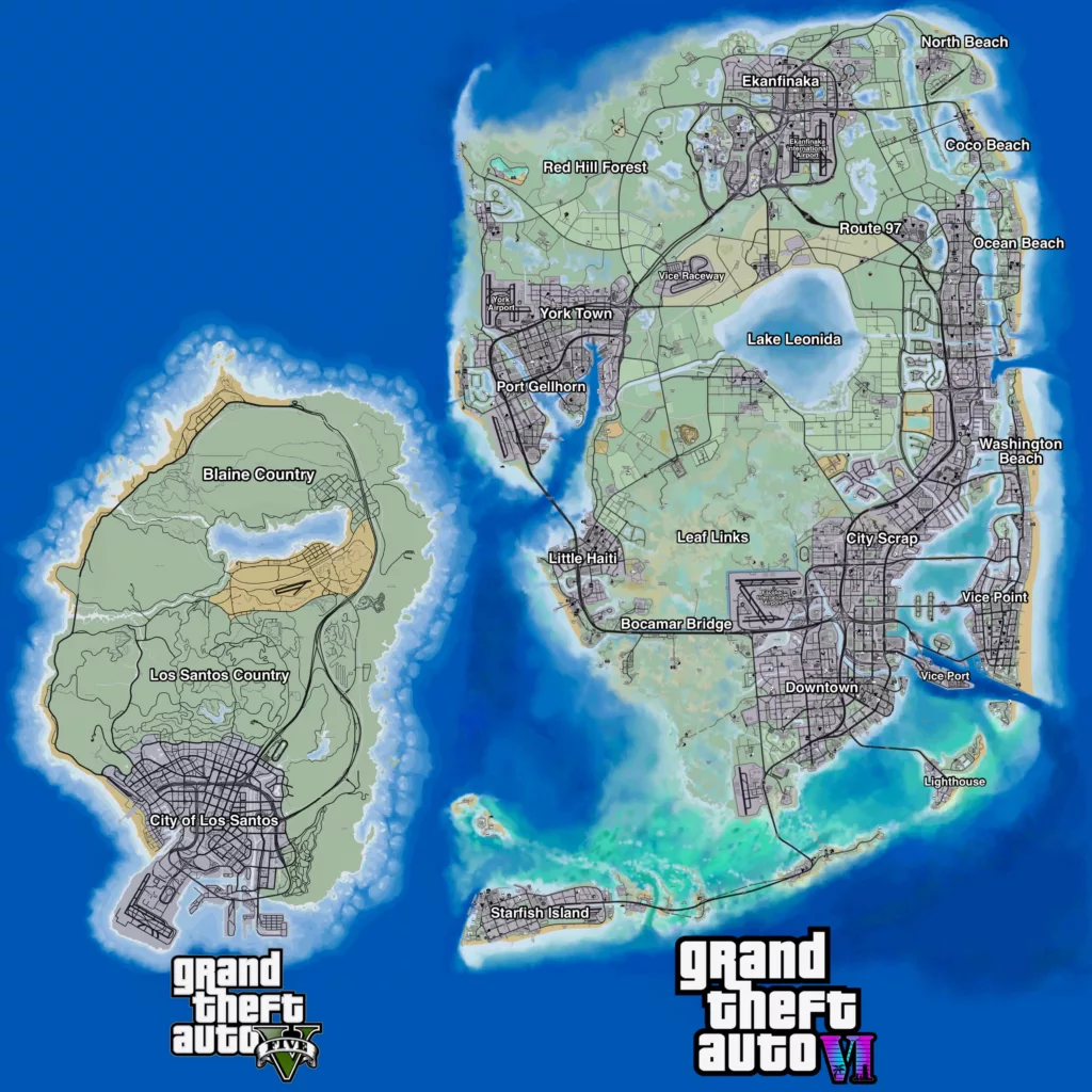 La carte immense de GTA VI cache une nouvelle ville supplémentaire à explorer - image Comparaison entre la carte de GTA V et la carte de GTA VI