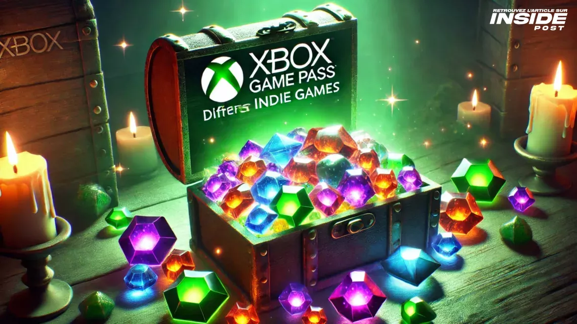 Les Meilleurs Jeux Indépendants à Découvrir sur Xbox Game Pass : Des Pépites Cachées à Ne Pas Manquer - image Image créée par IA montrant un coffre au trésor rempli de gemmes avec une inscription Xbox pour symboliser le Top des jeux indépendants sur Xbox Game Pass