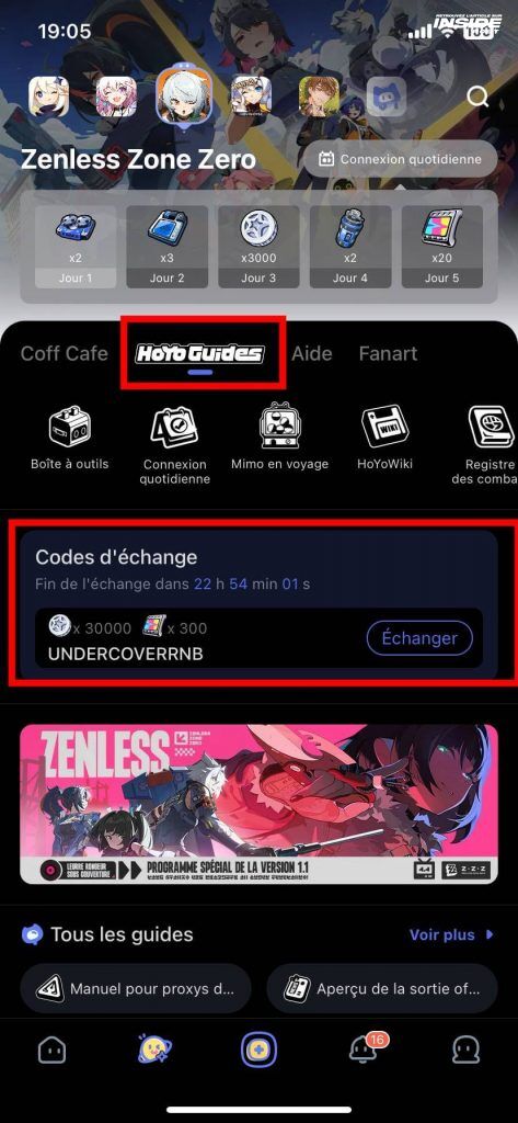 Tous les codes gratuits Zenless Zone Zero disponibles et comment les activer - image Image illustrant où se trouvent les HoyoGuides et les codes à récupérer gratuitement sur l'application HoYoLab pour Zenless Zone Zero