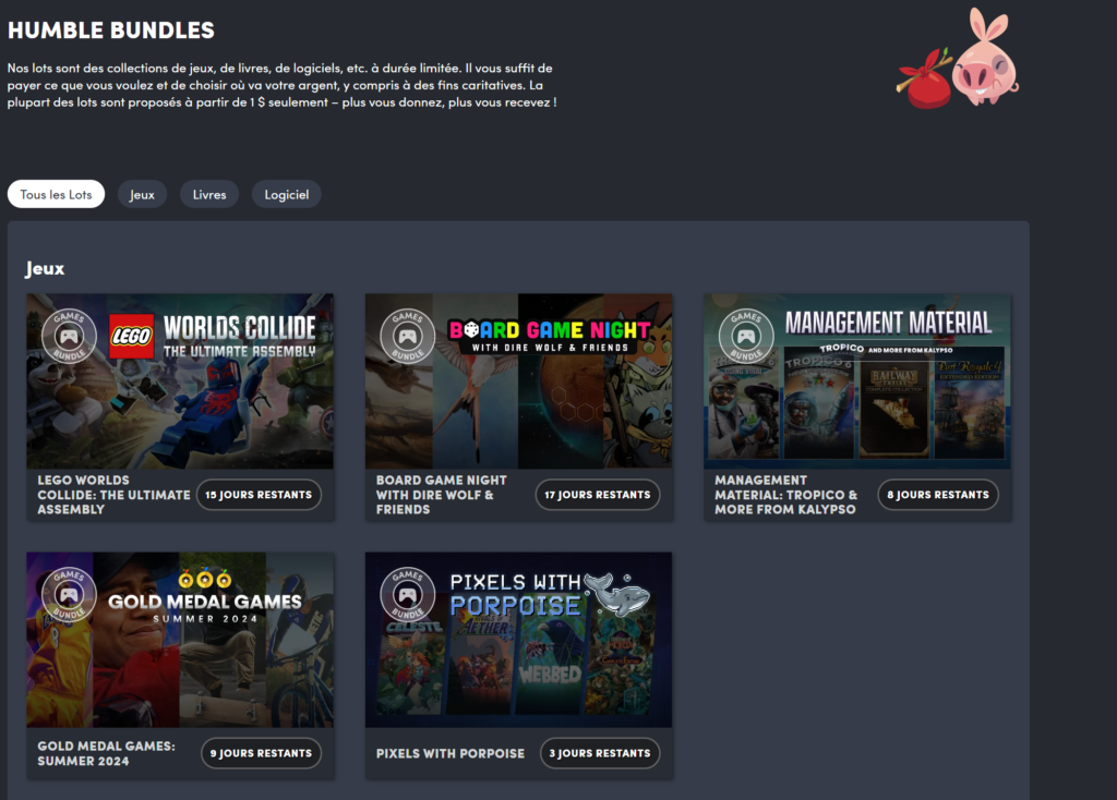 Comment obtenir des packs de jeux pas chers - image Screenshot des 5 packs disponibles actuellement sur Humble Bundle pour des pakcs de jeux pas chers