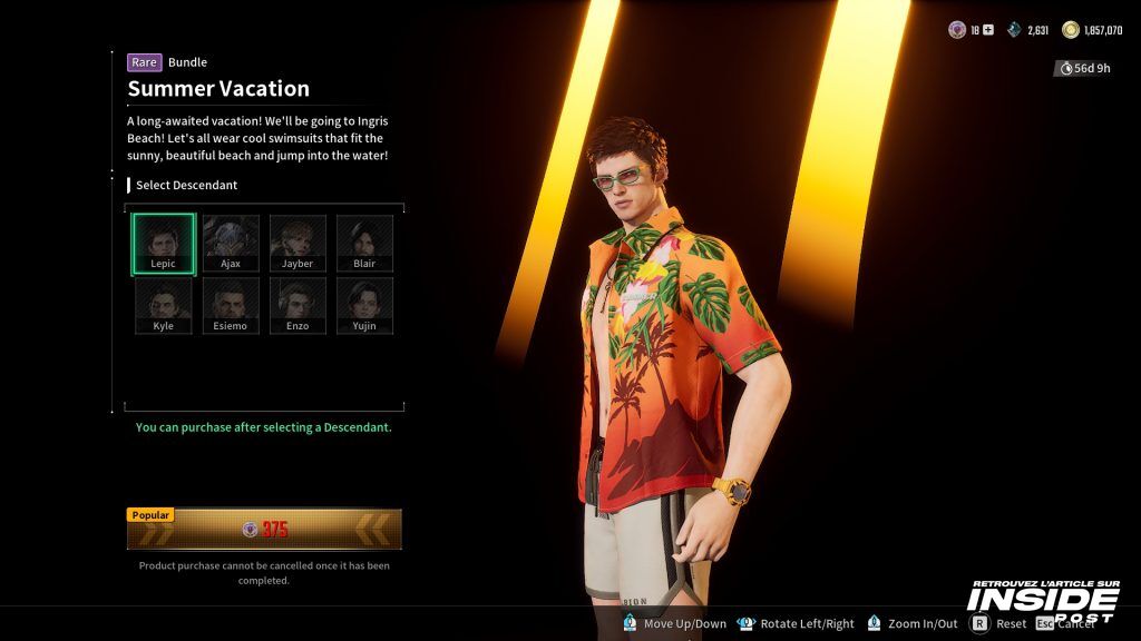 Lepic’s summer skin in The First Descendant featuring an orange Hawaiian shirt