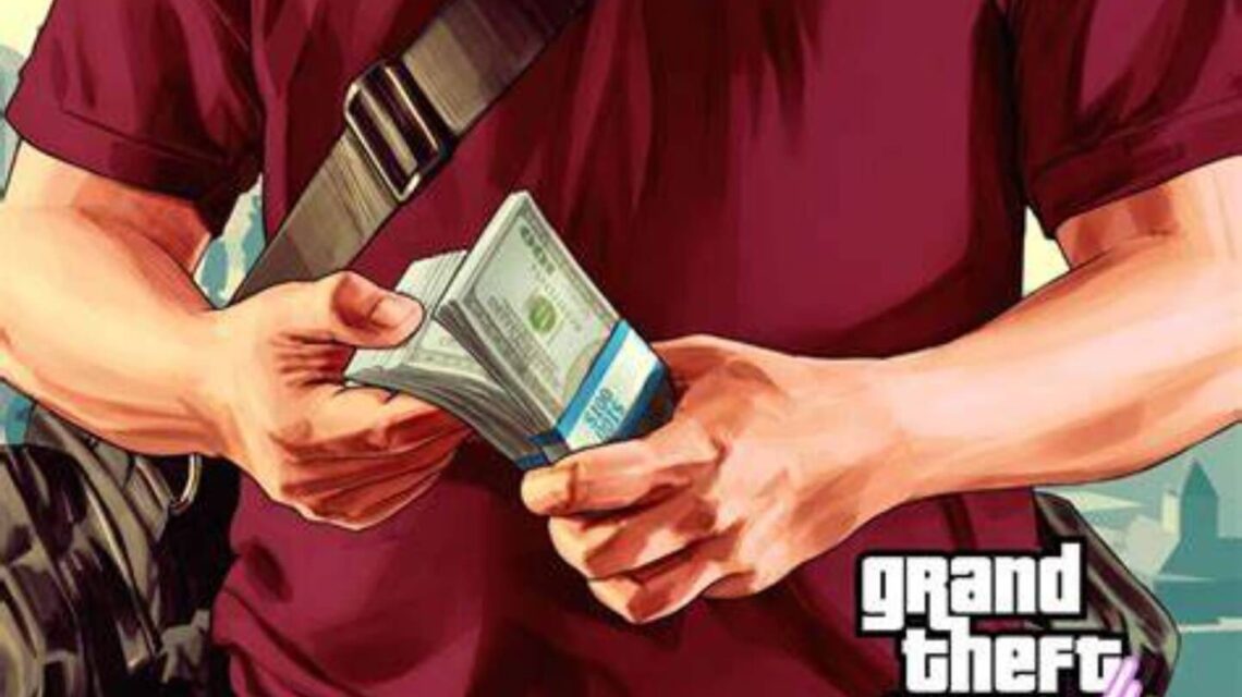 L'argent dans GTA 6 devrait-il être plus difficile à gérer ? - image Montage d'un artwork de GTA 5 mettant en avant l'argent qu'on gagne dans le jeu avec un logo de GTA 6 dans le style de Vice City. L'argent dans GTA 6 devrait-il être plus difficile à gagner ou gérer?