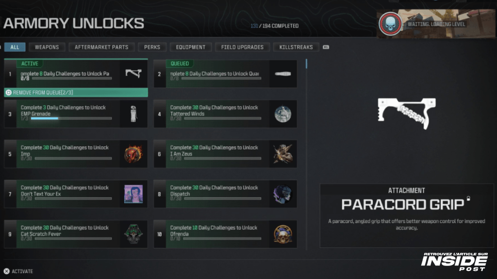 Comment débloquer la Poignée Paracord sur MW3 et Warzone - image Tâches à compléter pour débloquer la Poignée Paracord