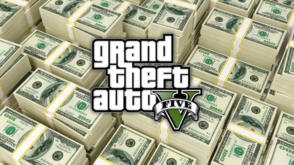 L'argent dans GTA 6 devrait-il être plus difficile à gérer ? - image Montage montrant le logo de GTA 5 sur une pile d'argent, l'argent dans GTA 6 devrait-il être plus difficile à gagner ou gérer?