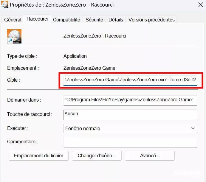 Comment résoudre le plantage Unity de Zenless Zone Zero sur GPU Intel - image Propriétés du raccourci de l'executable de Zenless Zone Zero