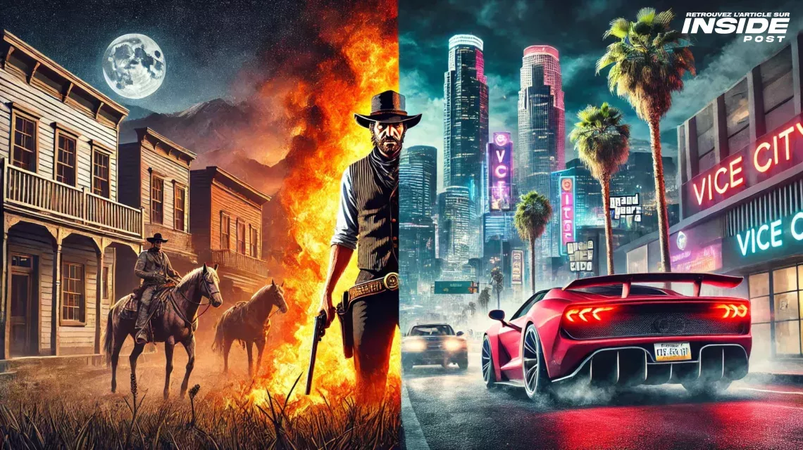 Image représentant Red Dead Redemption 2 remaster à gauche et GTA 6 à droite