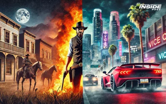 Image représentant Red Dead Redemption 2 remaster à gauche et GTA 6 à droite