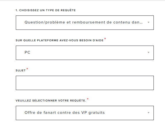 Comment avoir des Valorant Points gratuits auprès de Riot Games - image Impression écran du support de Valorant pour réaliser des demandes de VP gratuits contre des fan arts