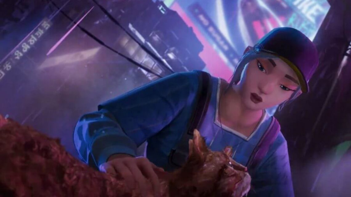 Screenshot extrait du trailer de Valorant lors de la sortie du jeu sur PS4/5 et Xbox. L'image montre Jett caressant un chat dans une ruelle