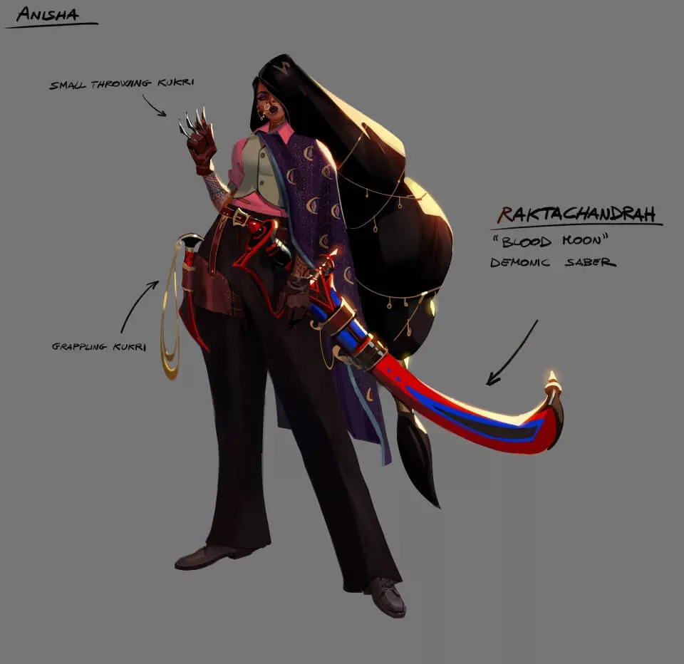 Yamato de Deadlock : Un Re-design Terrifiant en Yokai Dévoilé par Valve - image Concept art de yamato avec un design plus moderne, proposant une lame démoniaque et des kukri comme armes de lancer