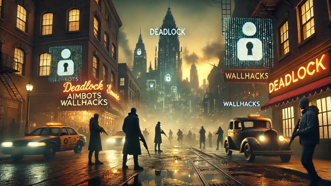 Image faite par IA représentant les rues de la carte de Deadlock envahie par des cheaters