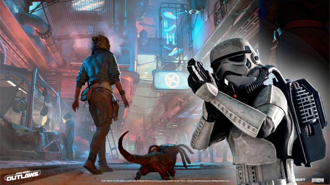 Découvrez le gameplay de Star Wars Outlaws : Un Monde Ouvert Plein de Choix et de Conséquences - image Image de Kay et d'un stormtrooper extraite du gameplay de Star Wars Outlaws