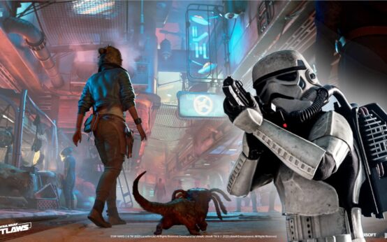 Image de Kay et d'un stormtrooper extraite du gameplay de Star Wars Outlaws