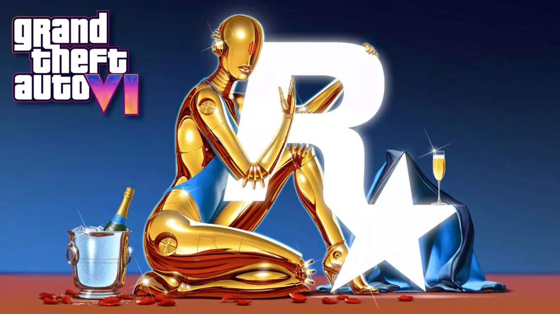 Image représentant le logo de Rockstar dans les bras d'un robot doré avec le logo de GTA 6