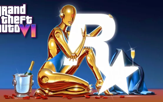 Image représentant le logo de Rockstar dans les bras d'un robot doré avec le logo de GTA 6