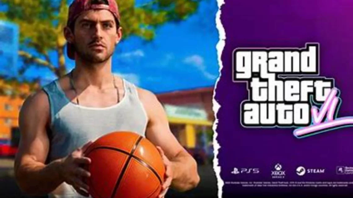 Bannière représentant un artwork de GTA 6 à droite et un personnage avec un ballon de basket à gauche