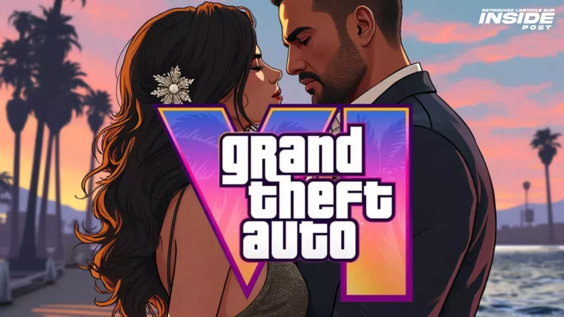 Concept art autour des romances de GTA VI avec le logo de GTA 6 et un couple qui s'embrasse sur une plage en fond