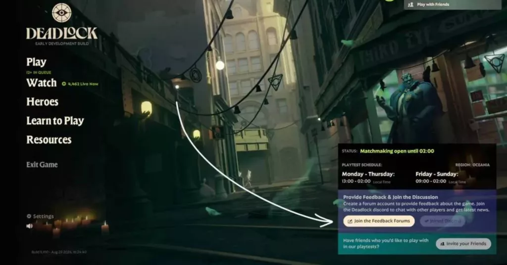 Comment accéder aux forums Deadlock : Guide complet pour rejoindre la communauté - image Screenshot du menu de Deadlock avec le bouton permettant d'accéder aux forums